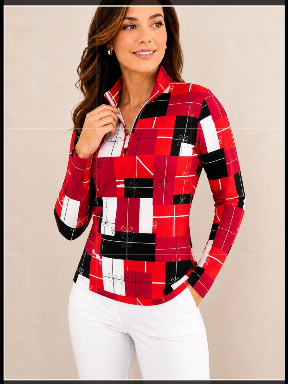 J.McLaughlin Catalina Cloth Gift Print Quarter Zip Golf Top Pink Black M
